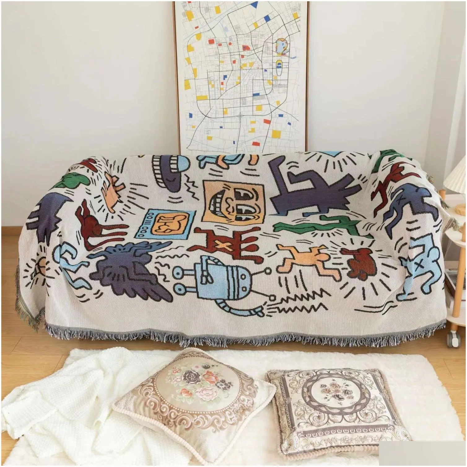 blankets textile city ins jigsaw puzzle throw blanket jacquard weave graffiti home decorative tassels tapestry outdoor camping mat