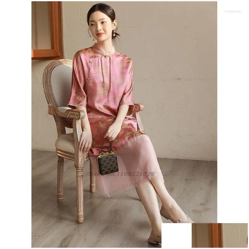ethnic clothing 2023 traditional chinese floral cheongsam vintage mandarin collar qipao national evening dress folk style chiffon