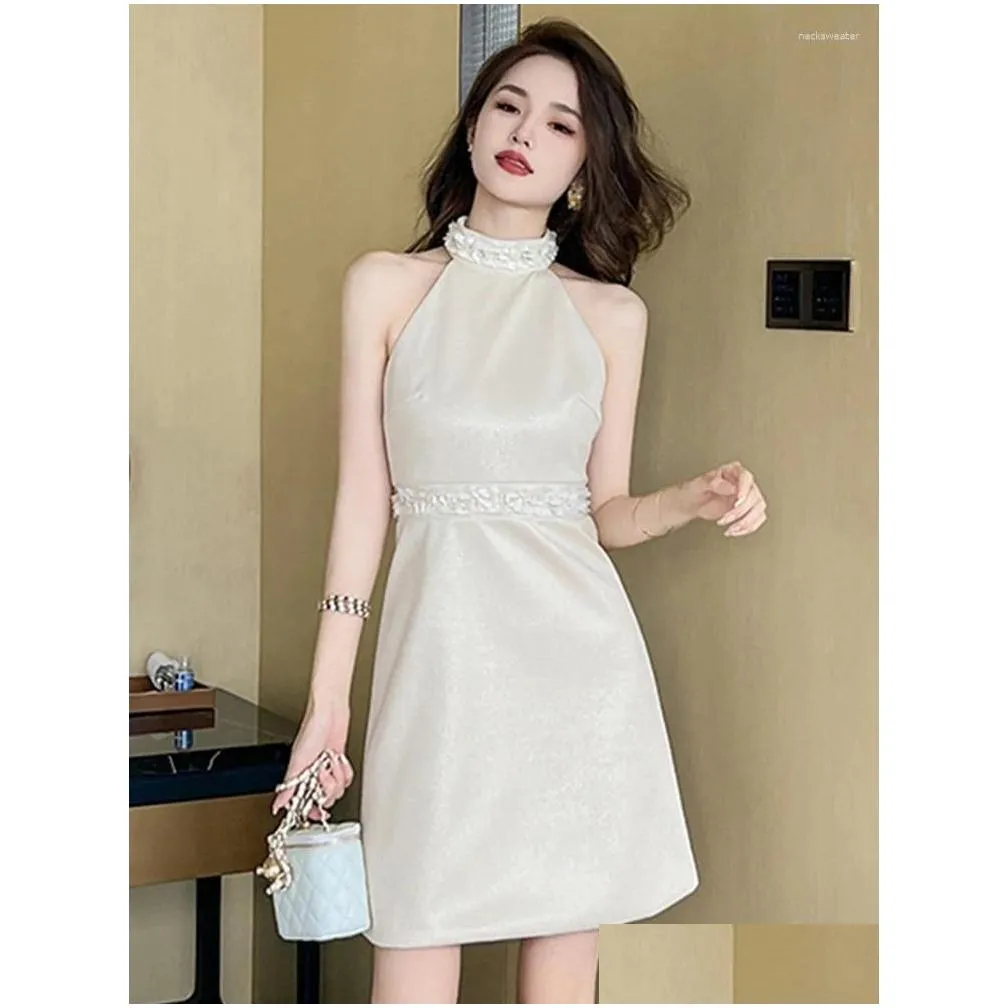 Basic Casual Dresses Summer Evening Short Dress For Women Elegant Chic Sparkly Bright Silk Sexy Halter Slim Mini Party Prom Birthda Dhkiw