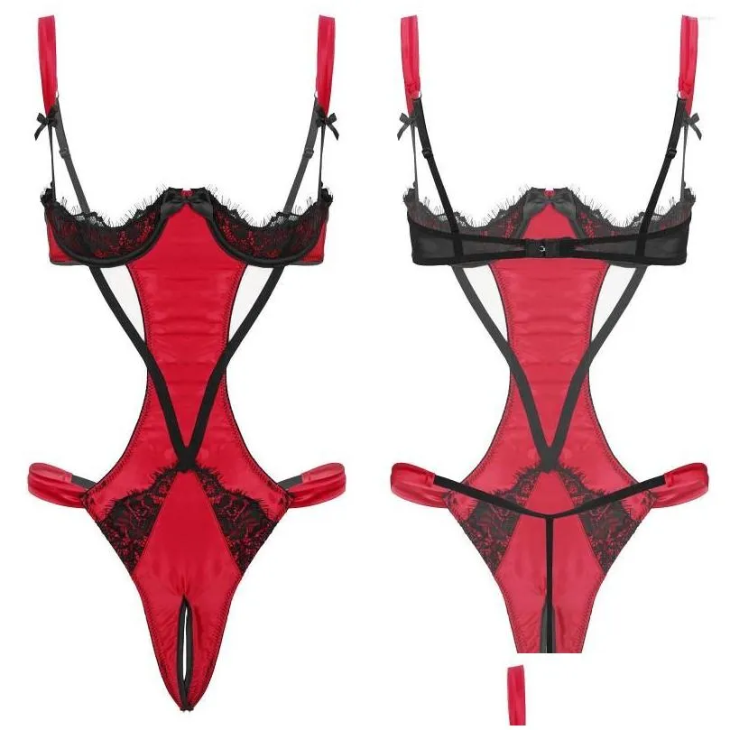 bras sets women sexy lingerie open crotch bodysuit one-piece adjustable shoulder straps 1/4 underwired cups crotchless nightwear