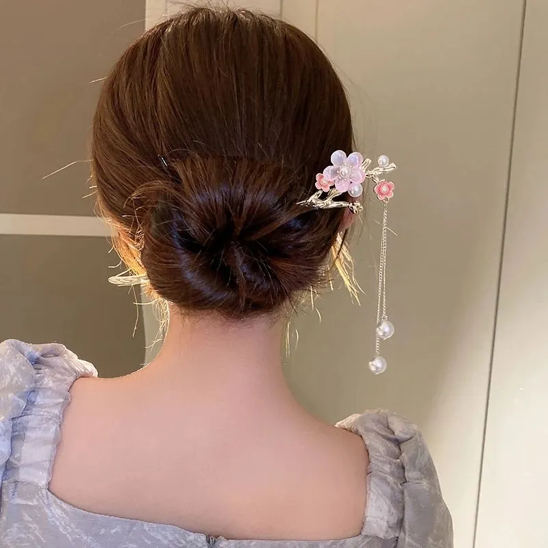 Retro New Pearl Flower Fringe Hair Sticks Ponytail Braid Clip Holder Women`s Fashion Hair Fork Hair Accessories