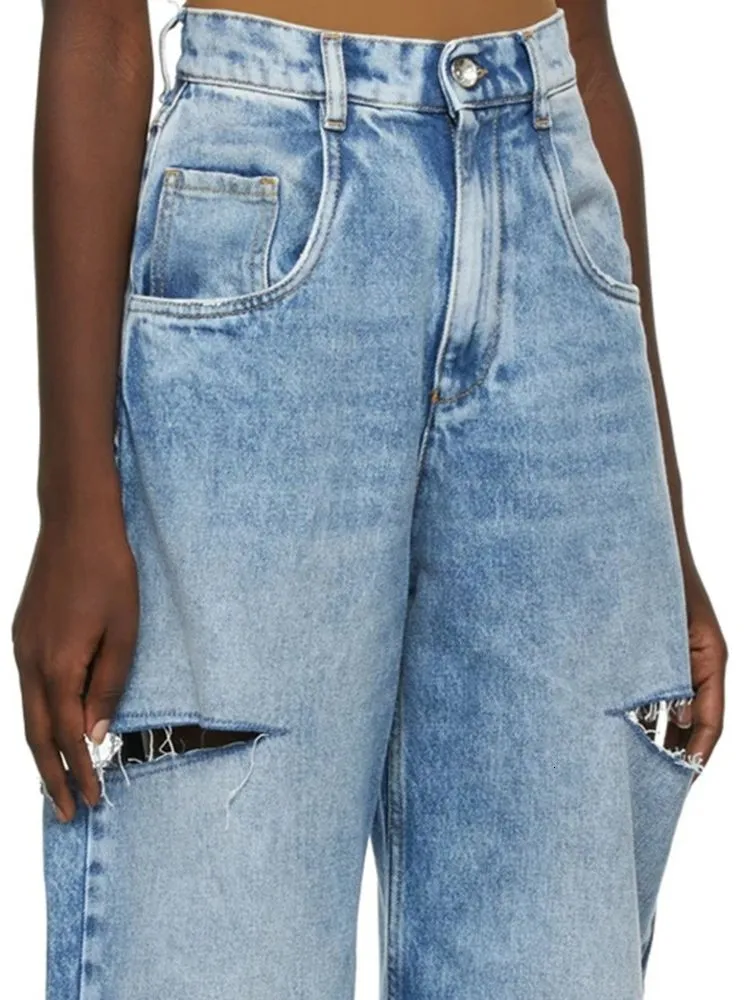 Women`s Jean Jeans Pants Spring and Summer Washed Blue Ripped Wide Leg High Waist Hollow Female Casual 230323