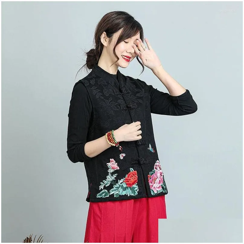 ethnic clothing chinese traditional hanfu clothes tang suit vest women embroidery flower sleeveless cotton linen coat top p1