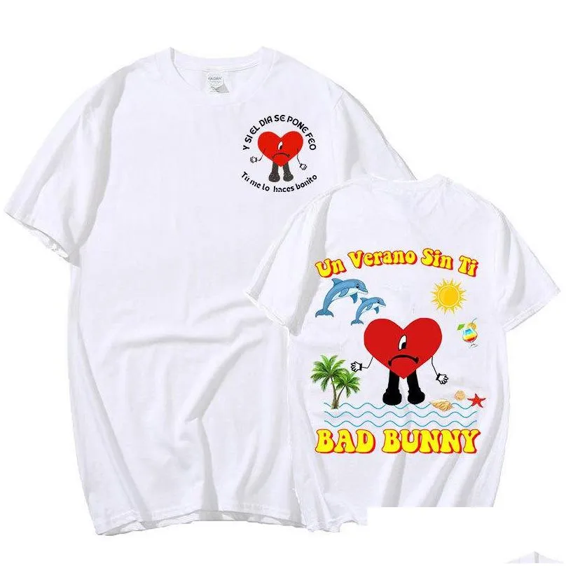 Mens T-Shirts Singer Bad Bunny Un Verano Sin Ti Music Album Double Sided Print Graphics T Shirt Unisex Hip Hop Shirts Oversized Stre Dh3Ys