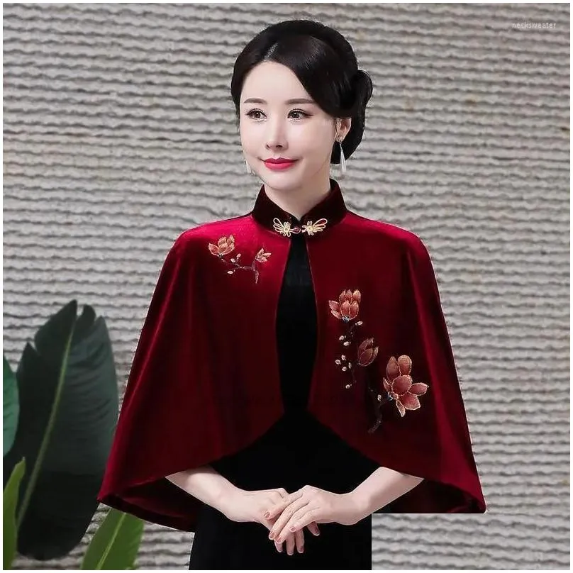 ethnic clothing 2023 women velvet shawl cloak coat cape naitonal flower embroidery cheongsam short oriental ancient princess overcoat