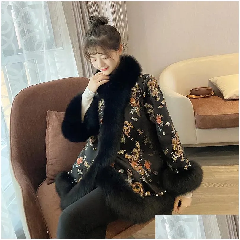 ethnic clothing female coat winter faux fur chinese style harajuku mid-length tang suit cloak women jacket warm elegant vintage 2023