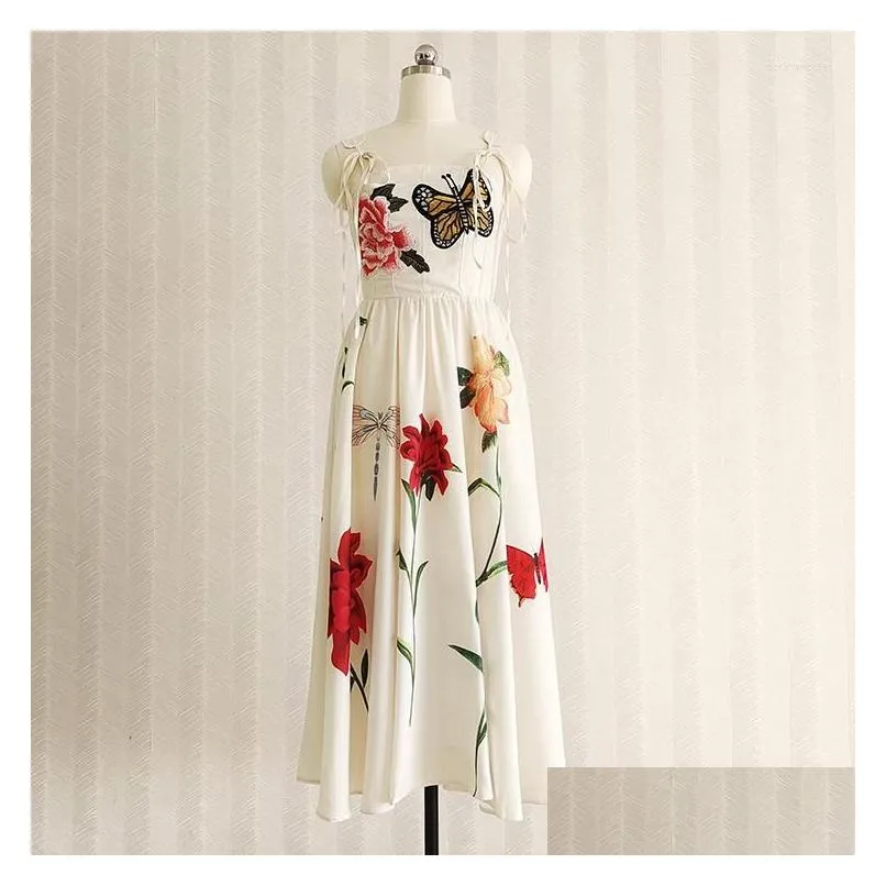 casual dresses summer butterfly embroidery lady runway quality strap cotton linen sundress a line party elegant midi long elbise robes