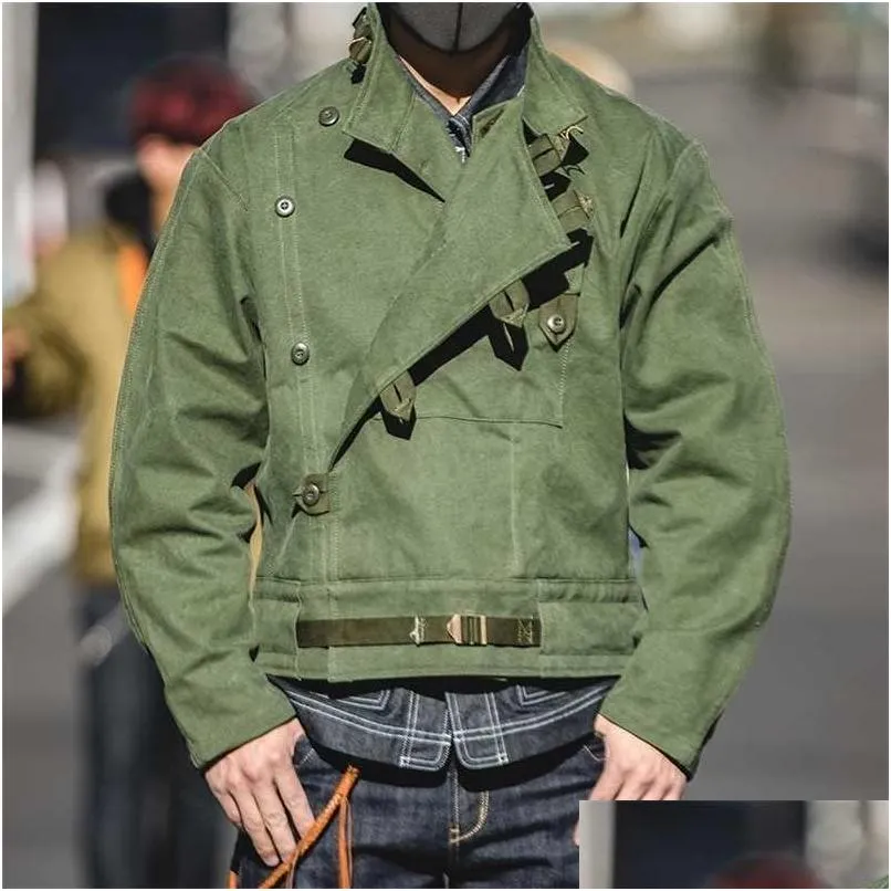 Mens Jackets Maden Army Green Retro Jacket Misplaced Oblique Buckle Swedish Motorcycle Amekaji Cotton Washed Water Oversize 220121 D Dh52G