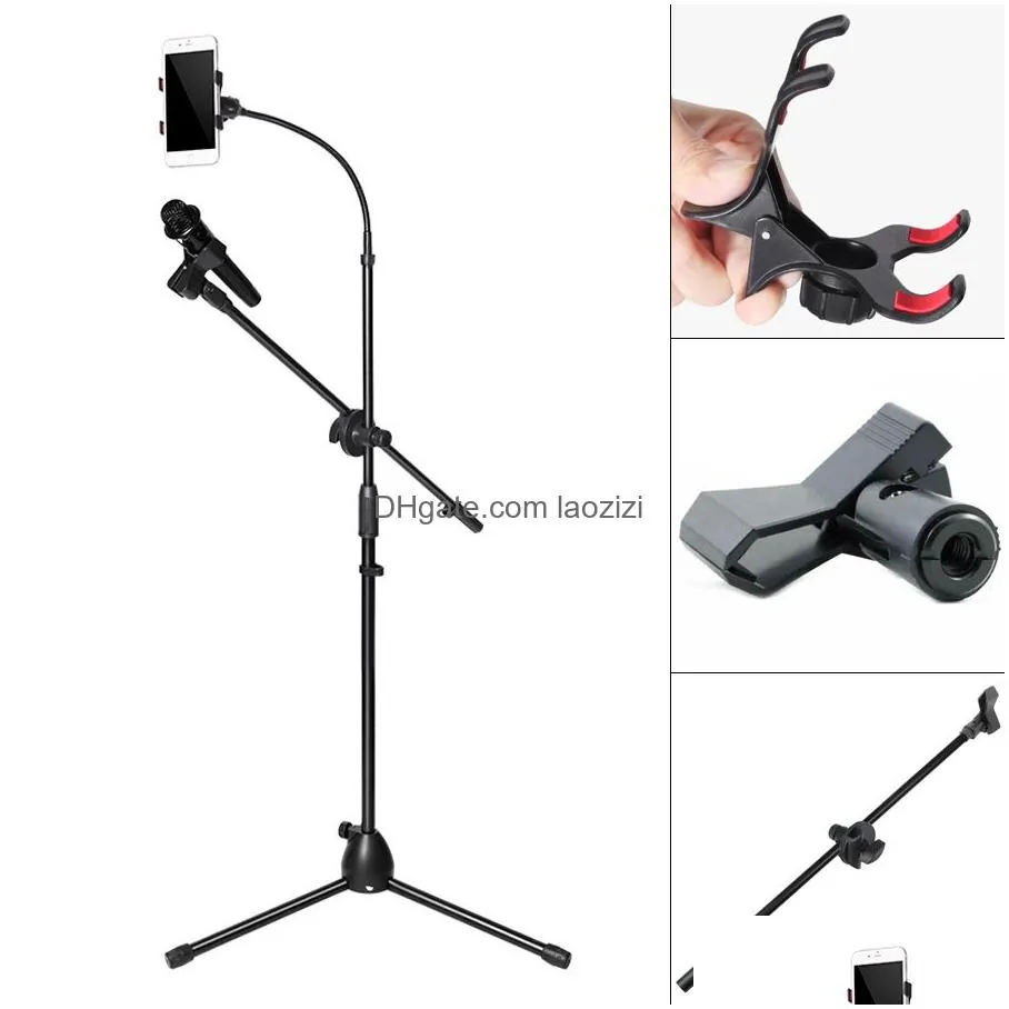telescopic mic floor metal tripod flexible mobile phone holder clip swing boom stage bracket microphone holder microphone stand
