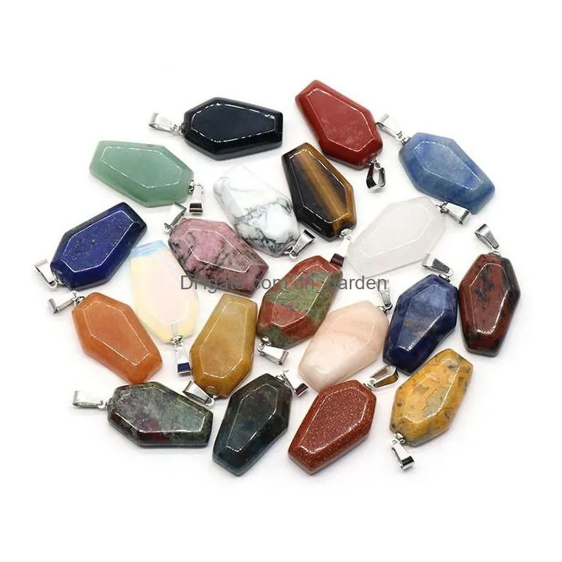 Pendant Necklaces Coffin Shape Fortune Feng Shui Reiki Healing Stone Quartz Agates Crystal Tiger Eye Charms Jewelry Making D Dhgarden