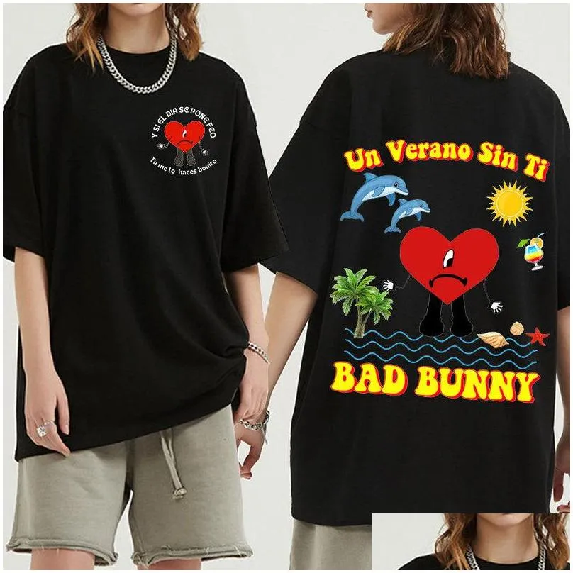 Mens T-Shirts Singer Bad Bunny Un Verano Sin Ti Music Album Double Sided Print Graphics T Shirt Unisex Hip Hop Shirts Oversized Stre Dh3Ys