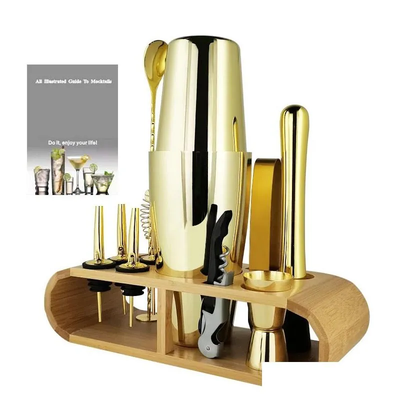 bar tools 1-12pcs gold boston cocktail shaker bar shakers set bartenders barware tools wine pourer jigger accessories with bamboo stand