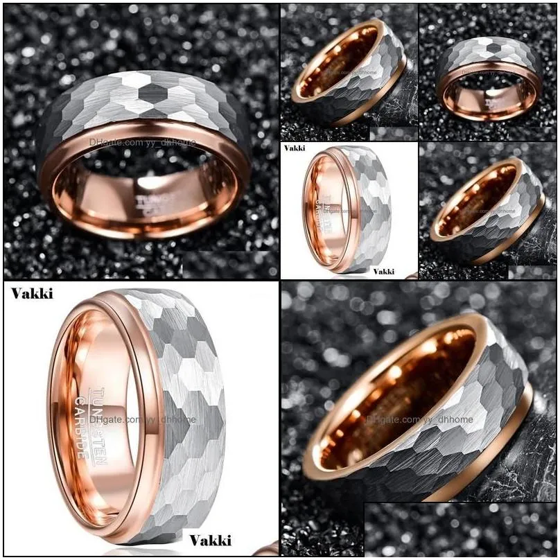 Wedding Rings Jewelry Vakki 8Mm Wide Tungsten Carbide Ring Side Step Rose Gold Plating Surface Hammered Steel Men Engagement Rings1 Drop