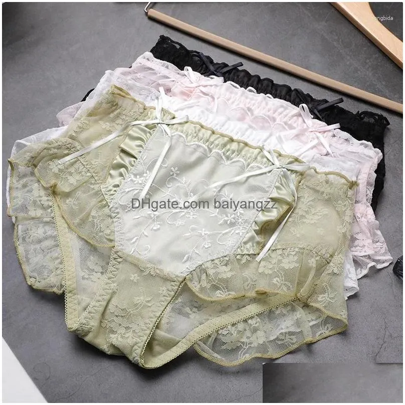 Womens Panties Women Lotus Leaf Sexy Lace Pants Safety Shorts Brief Lolita Sweet Bowknot Female Underwear Transparent Mesh Big Size Dh5Pp