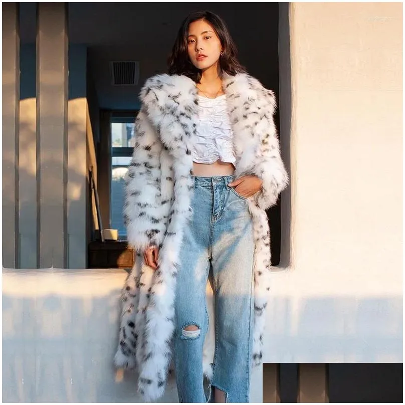 womens fur winter leopard one-piece coat long suit collar imitation mink