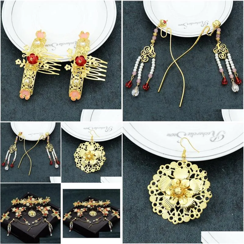 Chinese Claasical Bride Headdress Costume Retro Hairpin Long Earrings Orient Bride Wedding Coronet Hair Accessories JCE0665795194