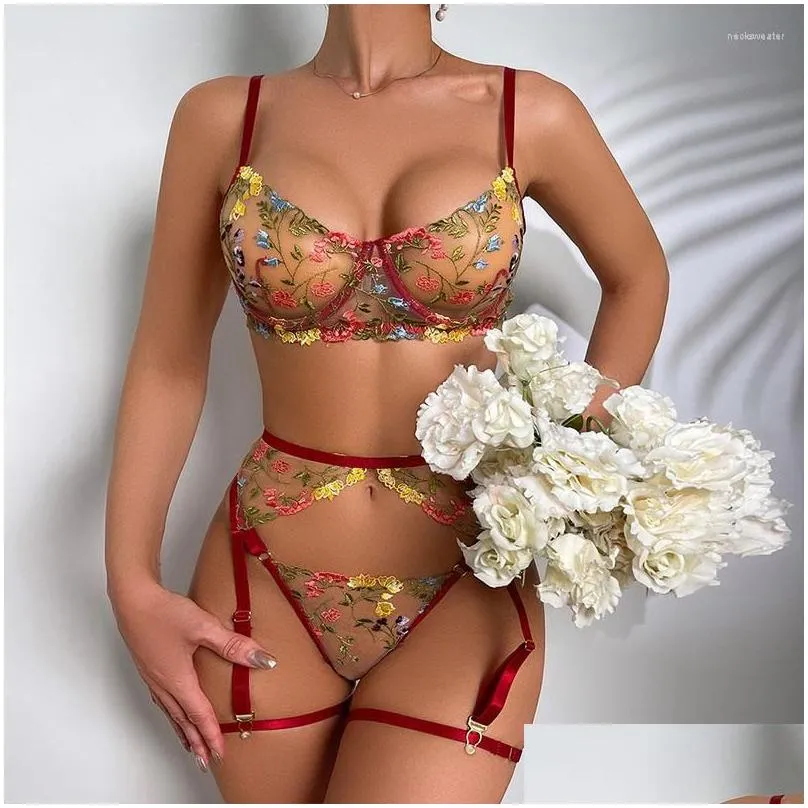 bras sets sexy bra and thong perspective pastoral floral garter with leg ring three-piece lingerie set rims embroidery 2023