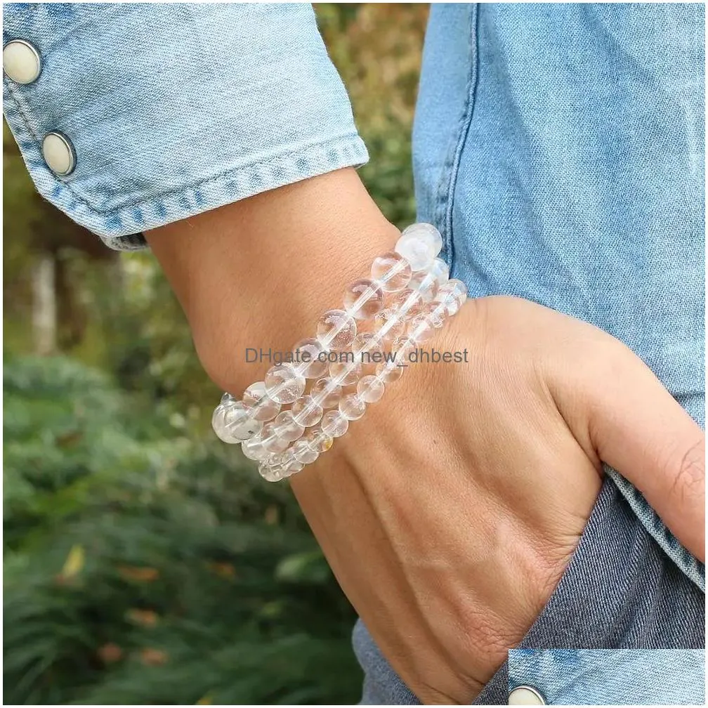 Bangles Natural White Clear Quartz Gems Stone Round Beads Handmade Stretchy Women Men Bracelet Healing Energy Gift Jewelry Drop Deliv Dhcdz
