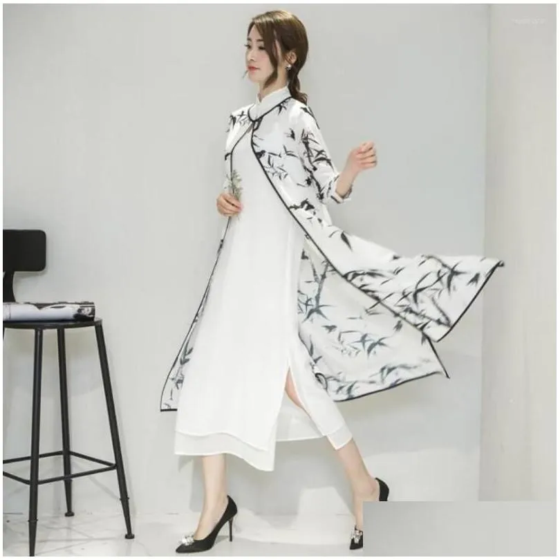 ethnic clothing chinese style loose casual cheongsam two-piece retro ink painting printed jacket simple solid color dress suit