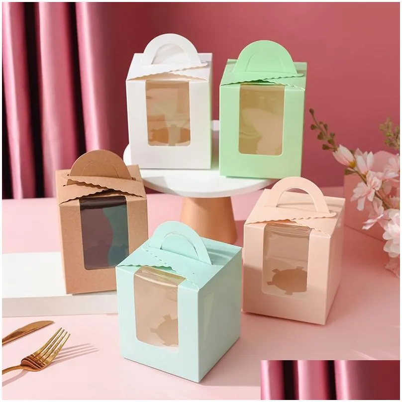 gift wrap 10pcs/set kraft paper boxes transparent window portable cupcake box for christmas wedding party supplied 230704