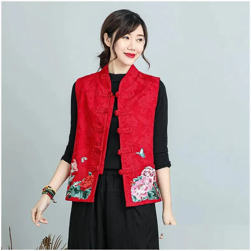 ethnic clothing chinese traditional hanfu clothes tang suit vest women embroidery flower sleeveless cotton linen coat top p1