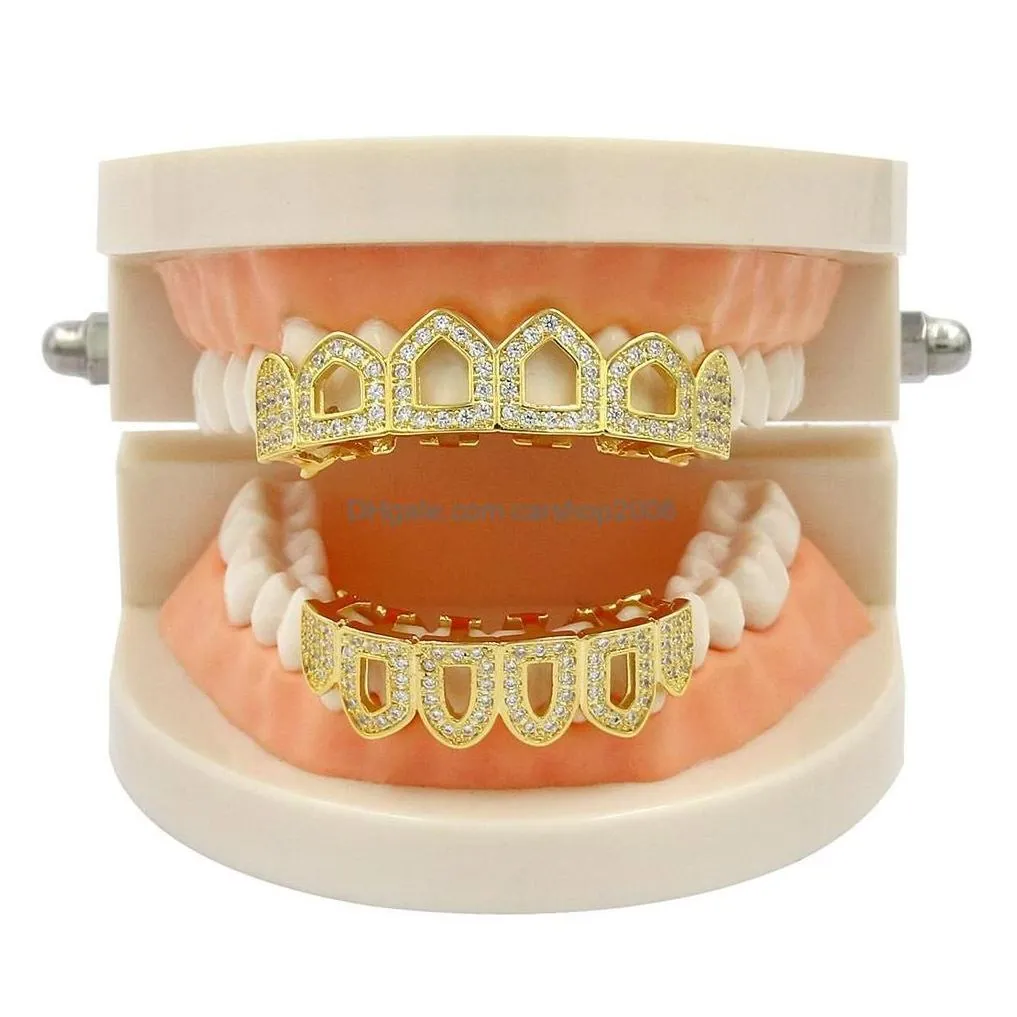 Grillz Dental Grills 18K Gold Hip Hop Fl Diamond Hollow Teeth Grillz Iced Out Fang Braces Tooth Cap Vampire Cosplay Rapper Jewelry
