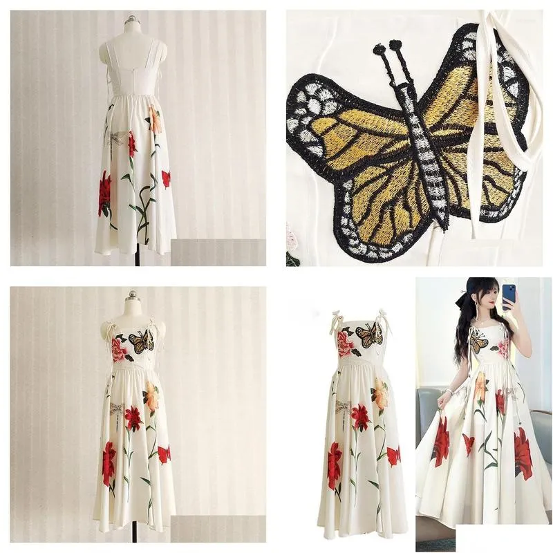 casual dresses summer butterfly embroidery lady runway quality strap cotton linen sundress a line party elegant midi long elbise robes