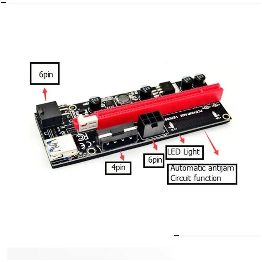 6pcs Newest USB 3.0 PCI-E Riser VER 009S Express 1X 4x 8x 16x Extender Riser Adapter Card SATA 15pin to 6 pin