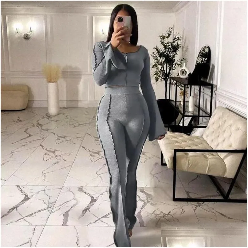 Womens Two Piece Pants Casual Women Knitted Sets Long Sleeve Plover Top And Pant Set Suits Fashion 2022 Spring Autumn Sweater Drop D Dhyf1