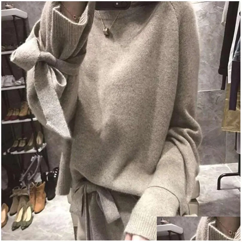 womens tracksuits winter high quality cashmere knitted two piece set bow long sleeve pullover sweater add elastic wiast pants suit