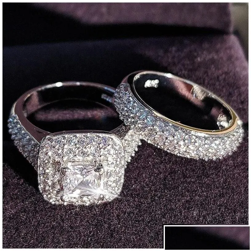 Wedding Rings Vecalon 188Pcs Topaz Simated Diamond Cz 14Kt White Gold Filled 3-In-1 Engagement Wedding Band Ring Set For Women Sz 5-11