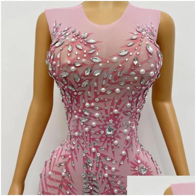 stage wear silver rhinestones crystals sleeveless pink dress sexy stretch outfit dance birthday celebrate costume party fenzhu