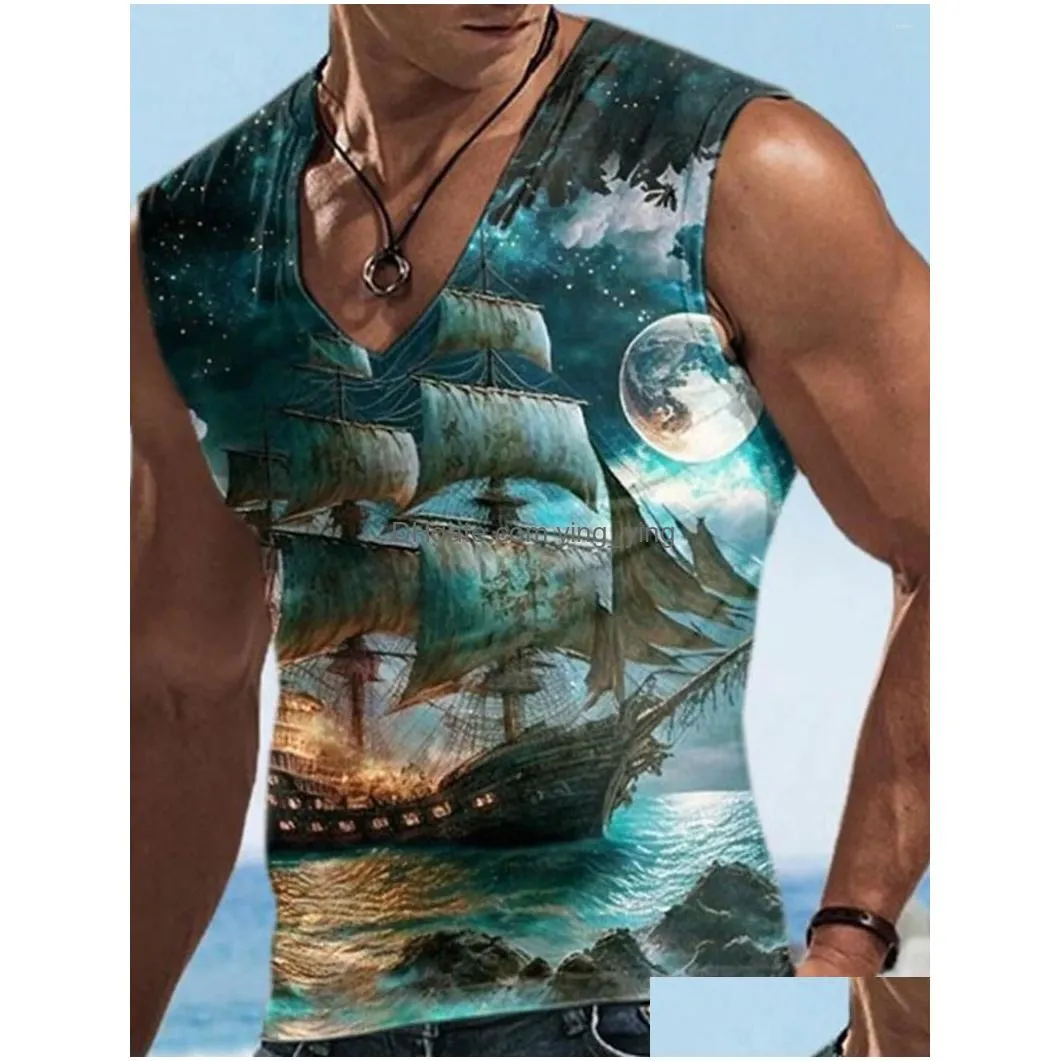 mens tank tops fashion summer map route 3d printed sleeveless vest t shirt sailor short sleeve oversized v neck pullover top