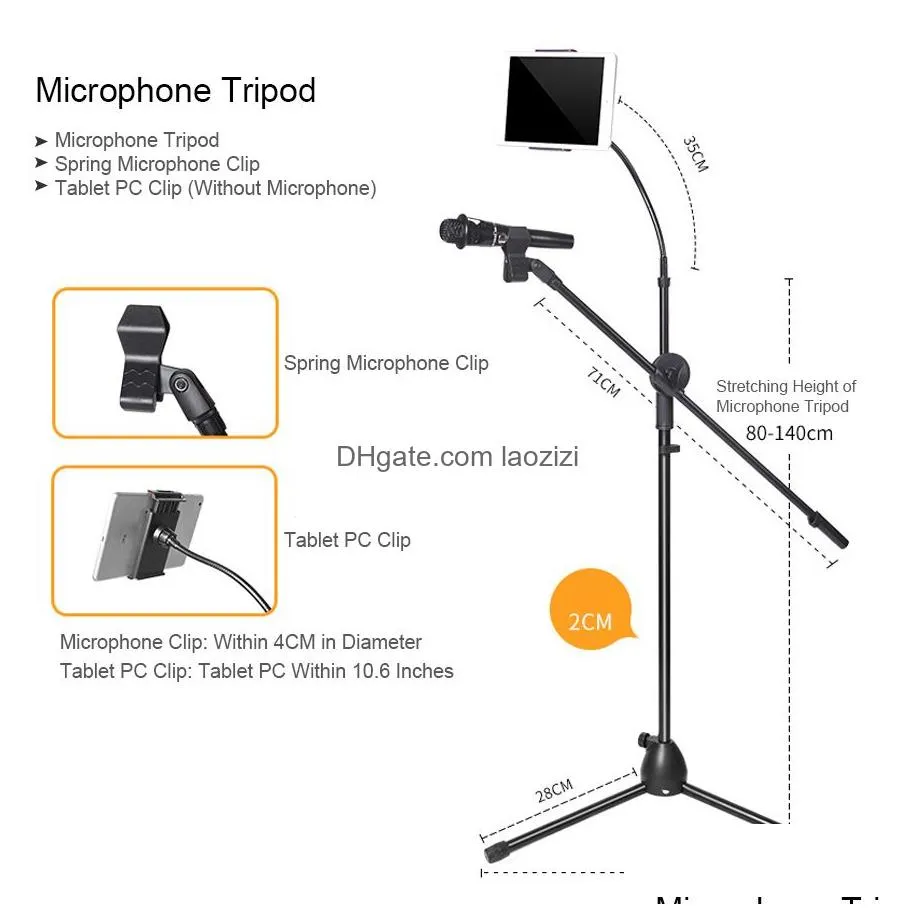 telescopic mic floor metal tripod flexible mobile phone holder clip swing boom stage bracket microphone holder microphone stand