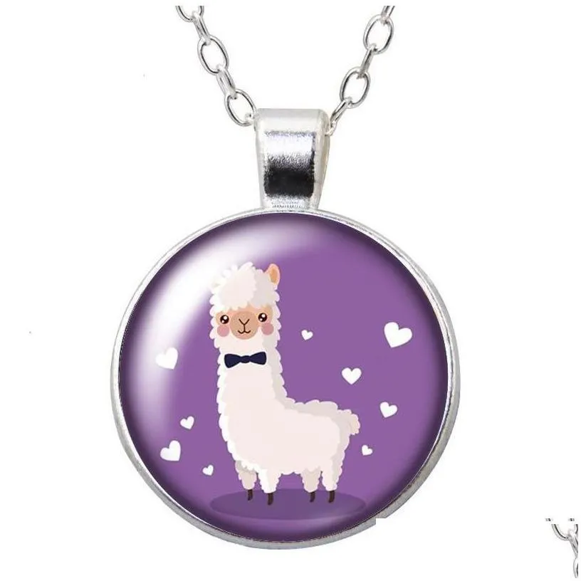 Pendant Necklaces Cute Alpaca No Drama Llama Round Necklace 25Mm Glass Cabochon Sier Color Jewelry Women Party Birthday Gift 50Cm Dr