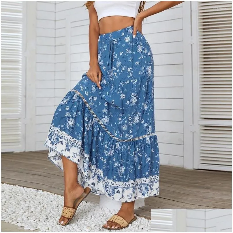 skirts vintage loose women casual holiday bohemian printed long skirt spring summer elastic waist maxi floral retro