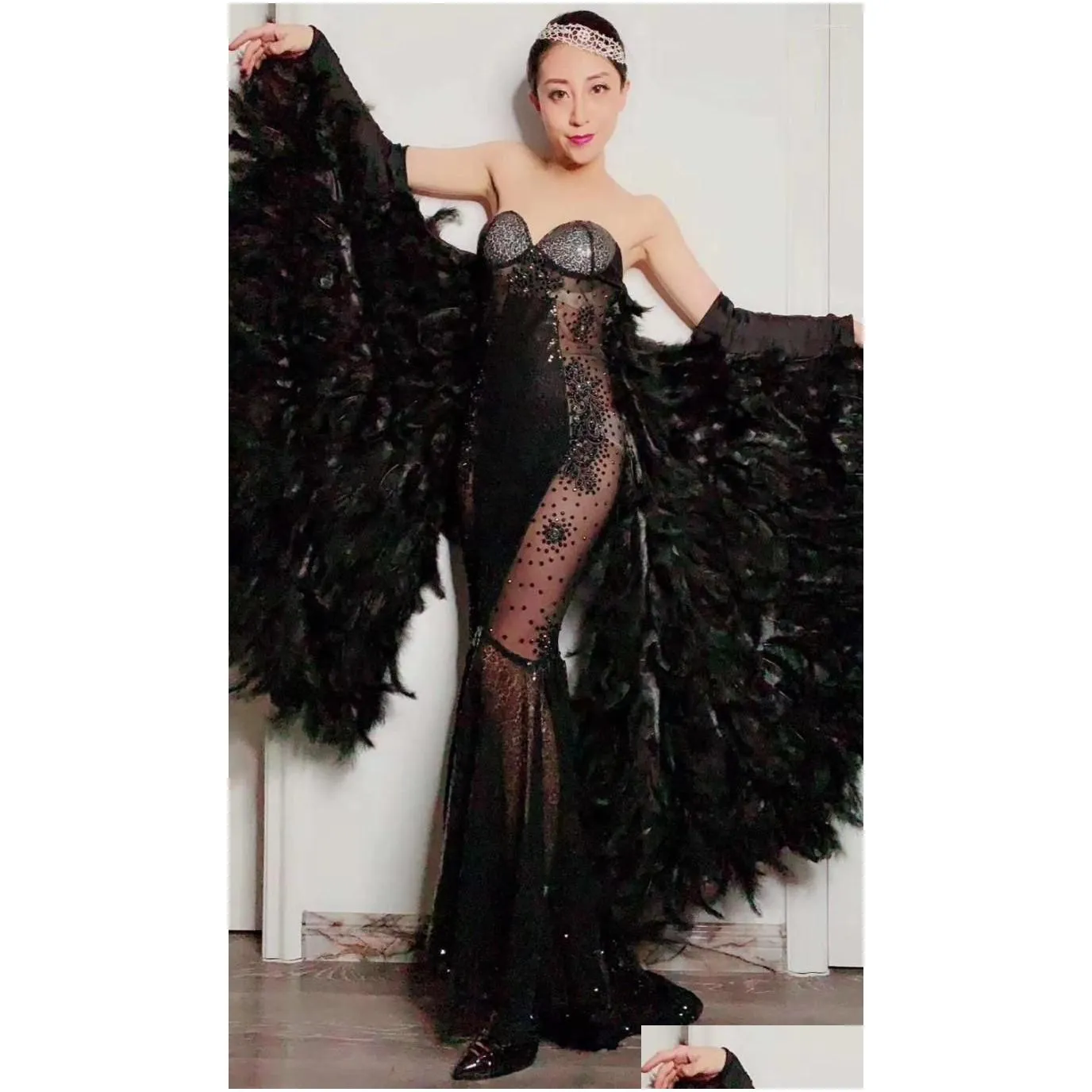 stage wear black sparkly crystals see through mesh long trains feather dress birthday celebrate stones fringes costume dance outfit
