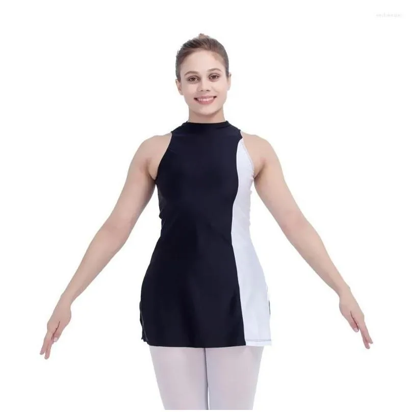 stage wear adult girls two pieces outfit black and white turtle neck sleeveless dance dress with boys cut shorts