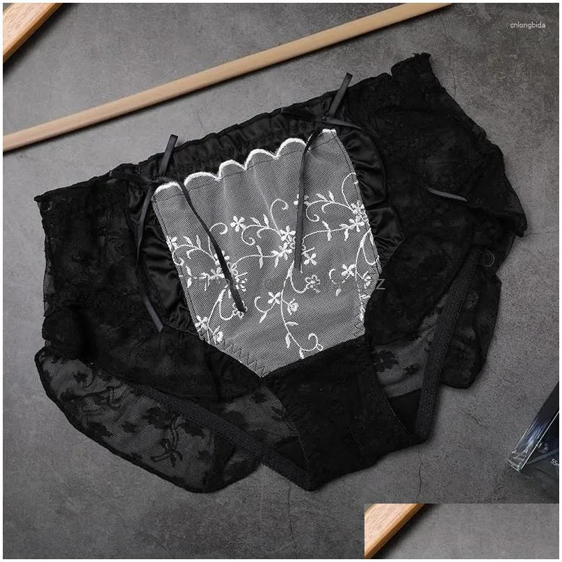Womens Panties Women Lotus Leaf Sexy Lace Pants Safety Shorts Brief Lolita Sweet Bowknot Female Underwear Transparent Mesh Big Size Dh5Pp