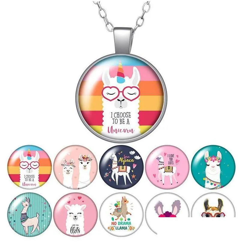 Pendant Necklaces Cute Alpaca No Drama Llama Round Necklace 25Mm Glass Cabochon Sier Color Jewelry Women Party Birthday Gift 50Cm Dr