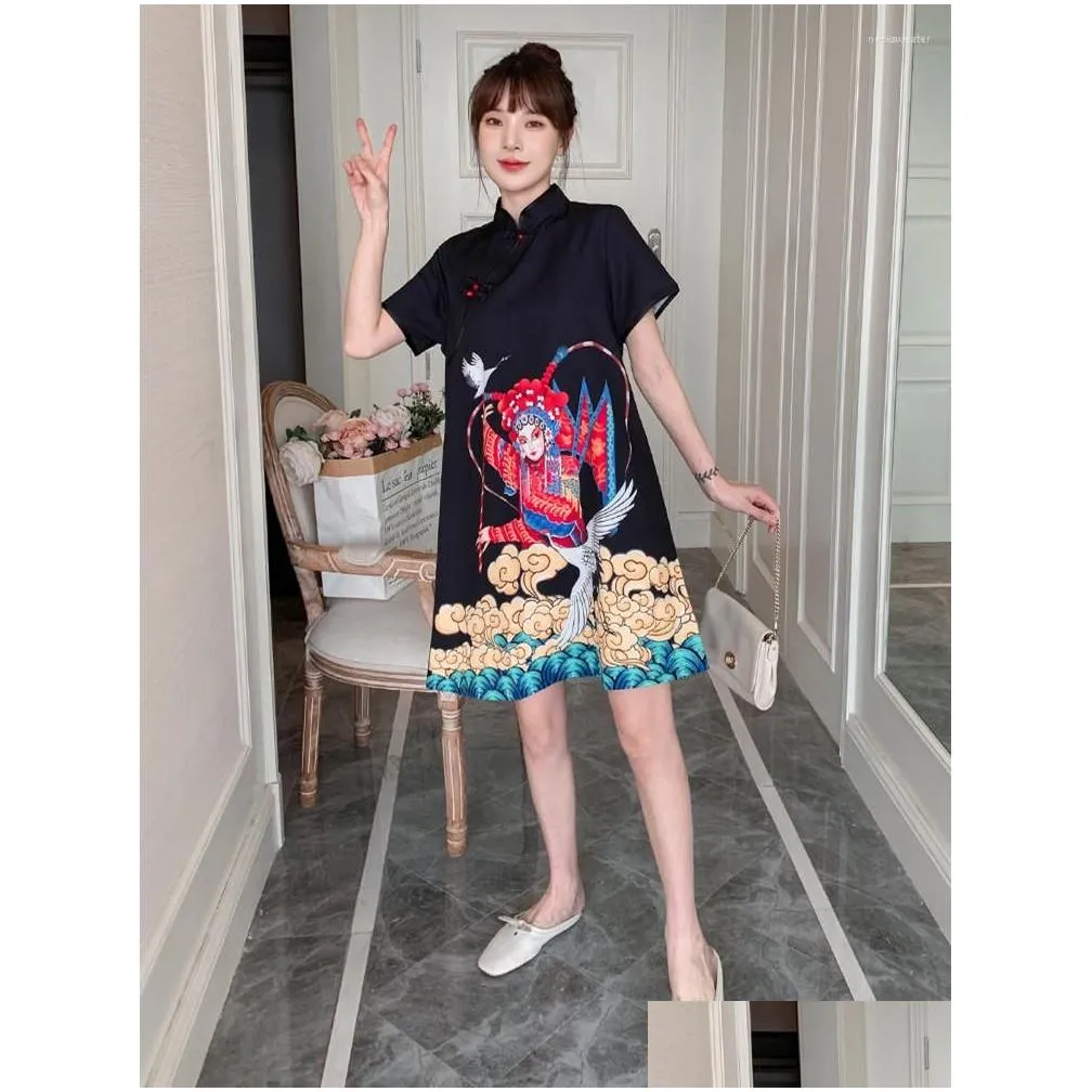 ethnic clothing fzslcyiyi traditional chinese peking opera print short sleeve fashion modern trend cheongsam dress for women qipao