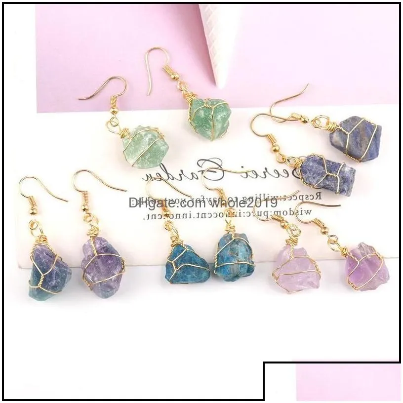 Dangle Chandelier Wire Wrapped Natural Crystal Rough Stone Irregar Ore Earrings Energy Healing Gemstone Amethyst Quartz Women Drop