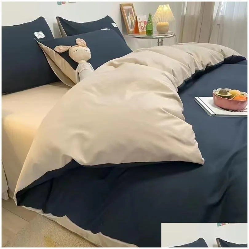 Bedding Sets Solid Blue Duvet Er Set Flat Sheet With Pillowcases Twin Fl Size Boys Girls Bed Linen Grey Green Kit 230715 Drop Delive Dhwjs