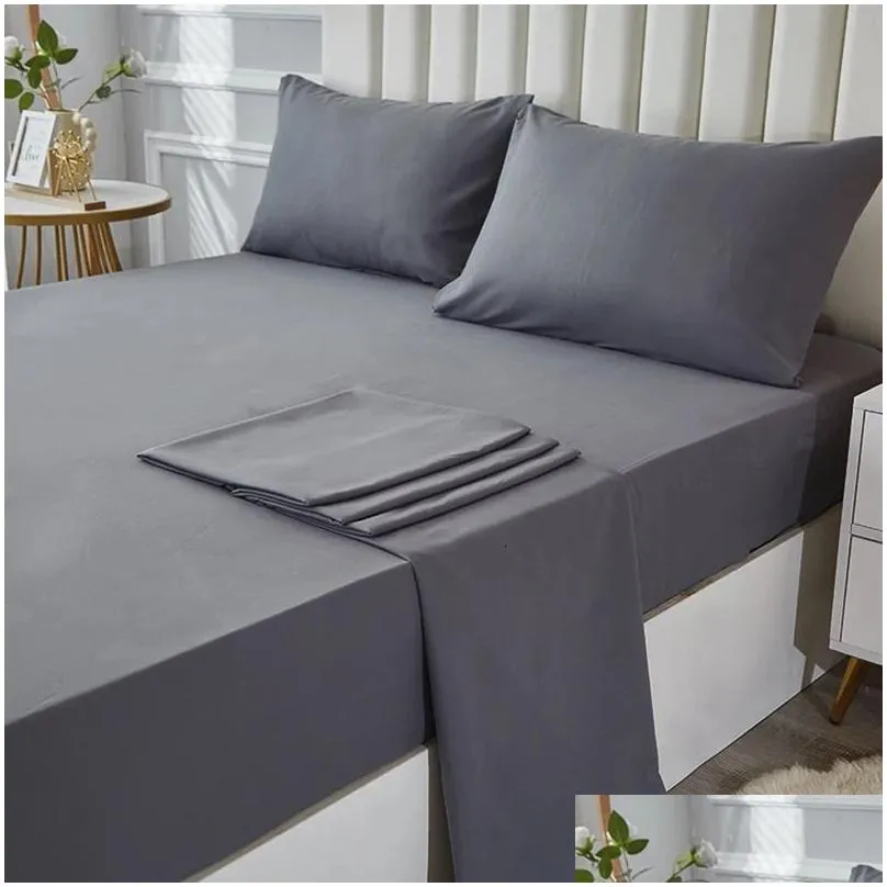 Bedding Sets 3/4Pcs Solid Beding Set Waterproof Fitted Sheet Bed Pillowcases Soft Queen King Fl Twin Size White And Gray 240127 Drop Dhxzo