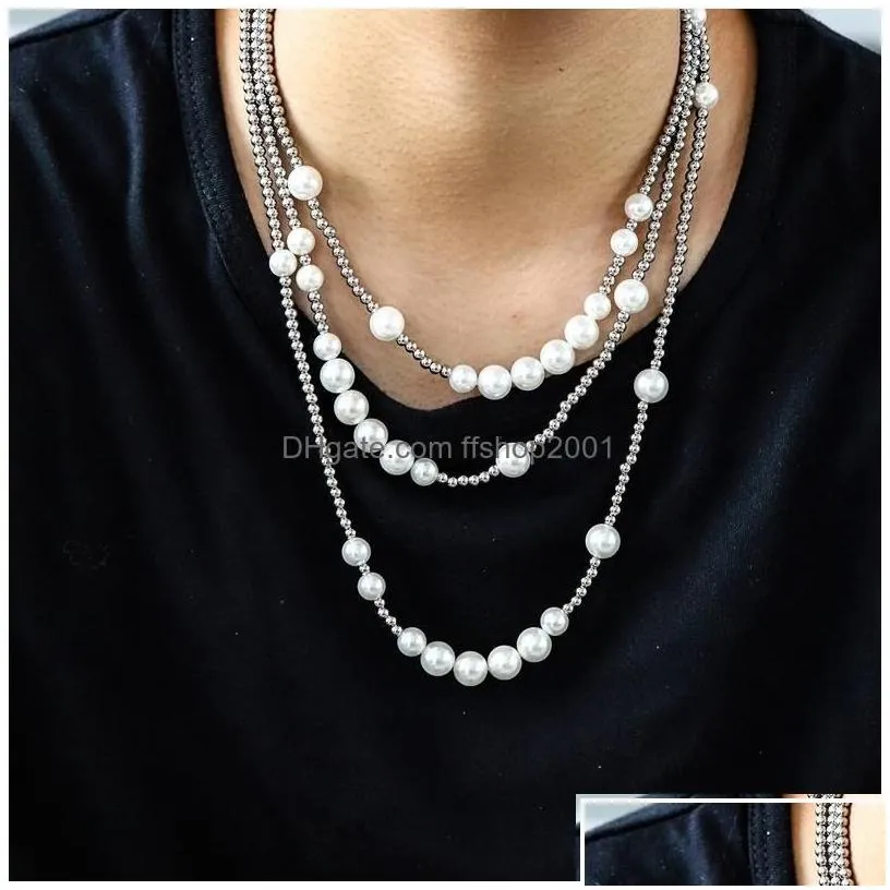 Beaded Necklaces Fashion Mens Pearl Necklace Hip Hop Stainless Steel Ball Jewelry Clavicle Chain Drop Delivery Pendants Dhr2N