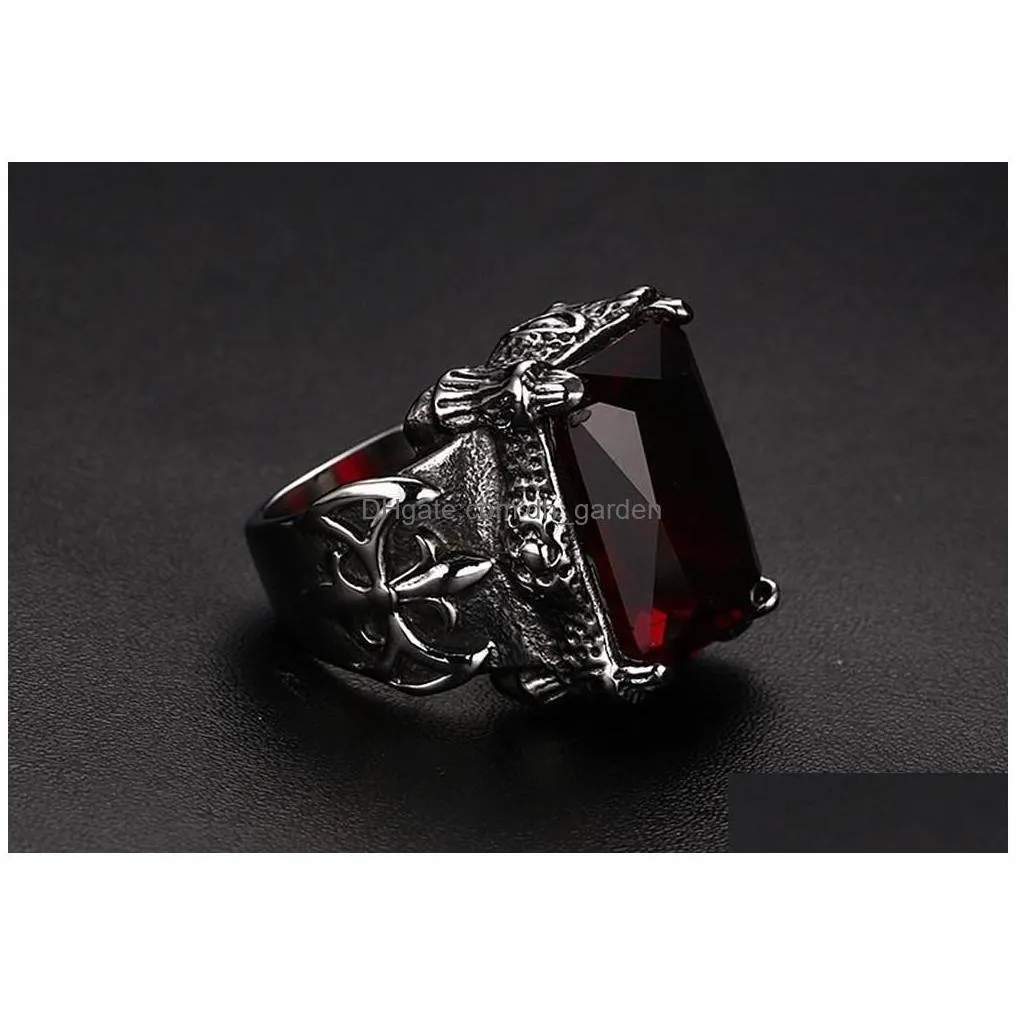 Cluster Rings Gothic Vintage Ruby Gemstones Red Zircon Diamonds For Men Titanium Stainless Steel Jewelry Bijoux Bague Punk Fashion D