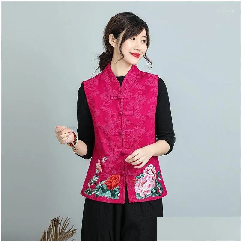 ethnic clothing chinese traditional hanfu clothes tang suit vest women embroidery flower sleeveless cotton linen coat top p1