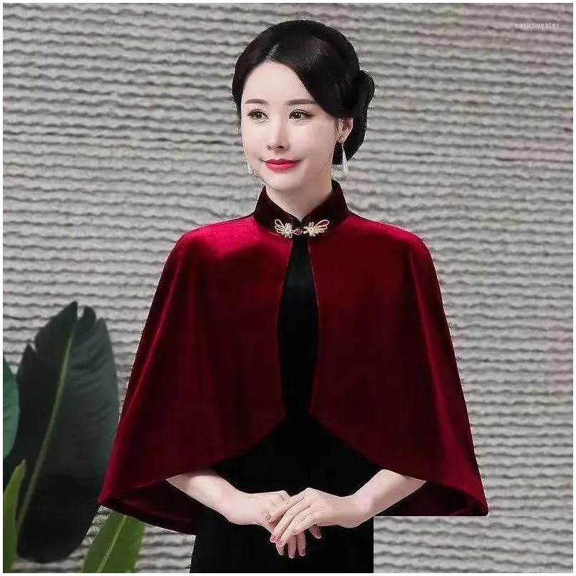 ethnic clothing 2023 women velvet shawl cloak coat cape naitonal flower embroidery cheongsam short oriental ancient princess overcoat