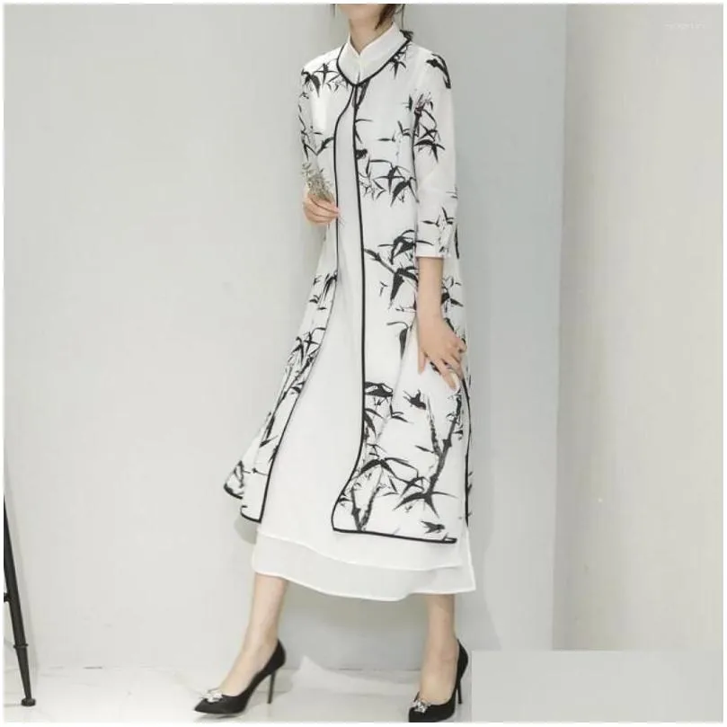 ethnic clothing chinese style loose casual cheongsam two-piece retro ink painting printed jacket simple solid color dress suit