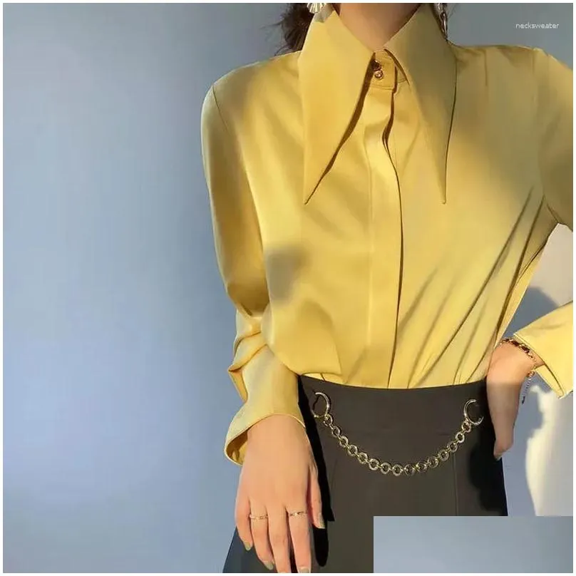 womens blouses fashion elegant satin polo large point collar long sleeve spring yellow drape button top casual commuter shirt